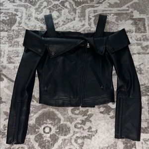BCBG Max Azria Black Off-Shoulder Leather Jacket